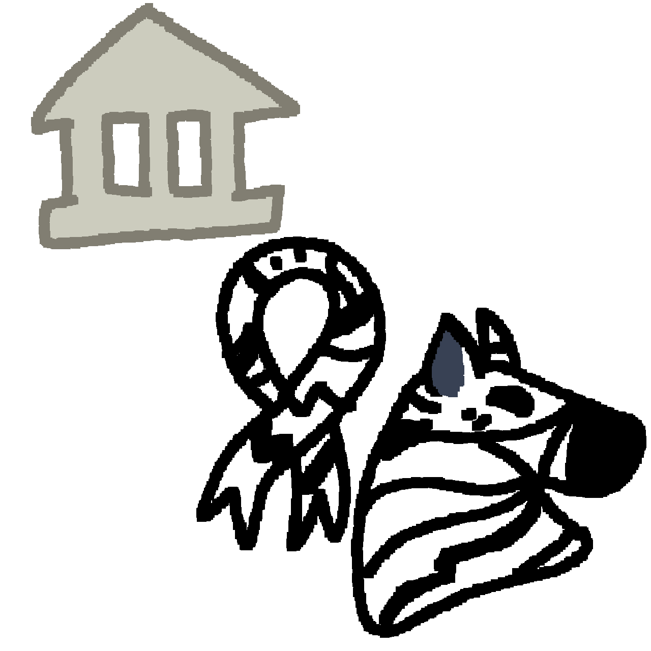 on the top is a grey classical building. on the bottom right corner is a white ribbon with black stripes next to the bust of a zebra, who has a white body with black stripes